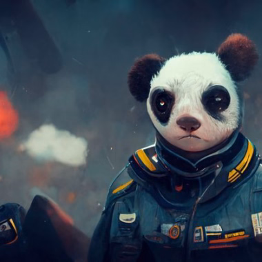 A pseudo-illustration of a panda pilot of the Bear Space Force looking into the camera.