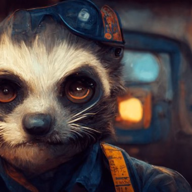 A pseudo-illustration of a determined racoon/badger hybrid mechanic in the Bear Space Force looking into the camera.